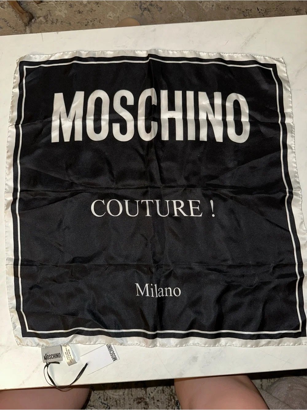 Moschino Black and White Logo Silk Scarf - Couture Milano